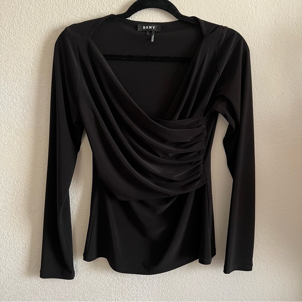 Black DKNY V Neck Long Sleeve Blouse